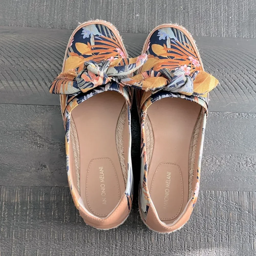 Floral Espadrille Loafers Womens 8 Bow Slip On Tropical Vacation Shoes